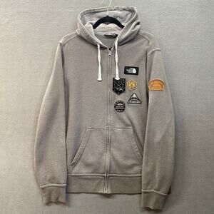 The North Face Patches Full Zip Hoodie Mens L Grey Cotton Blend Casual